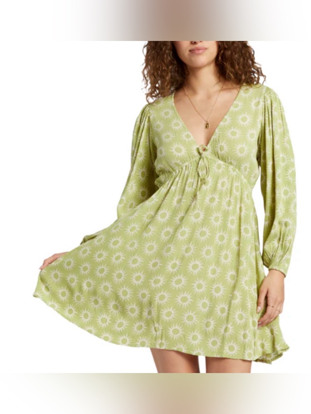Billabong Green Sun Print Mini Dress Long Sleeve Boho Fit Flare Size M